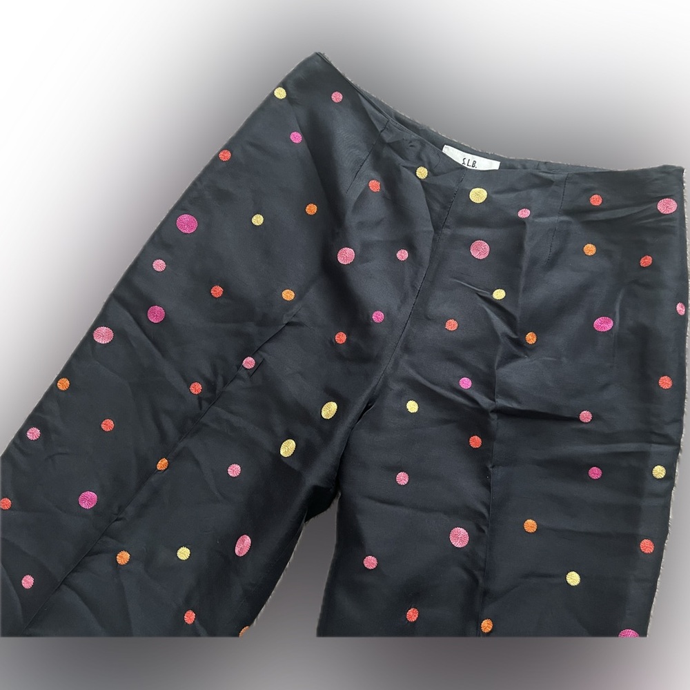 VINTAGE 100% Silk Multicolor Polka Dot Black Pants By S.L.B. Size 8. - Picture 5 of 14